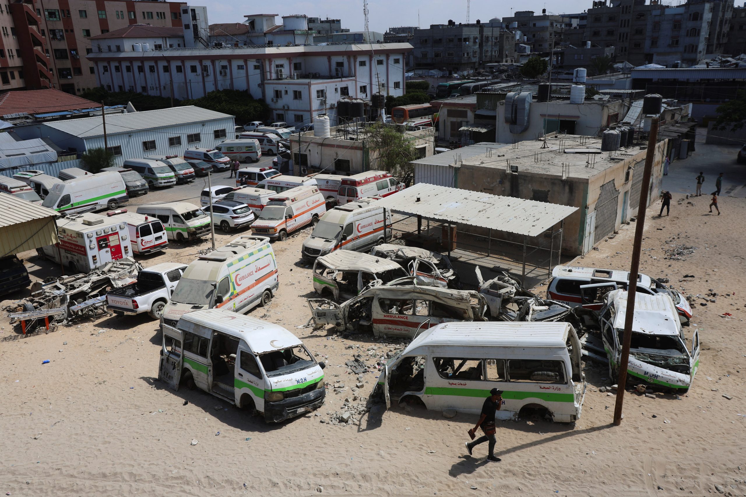 Damaged ambulances and vehicles at Nasser Hospital in Khan Younis in Gaza. (Reuters)