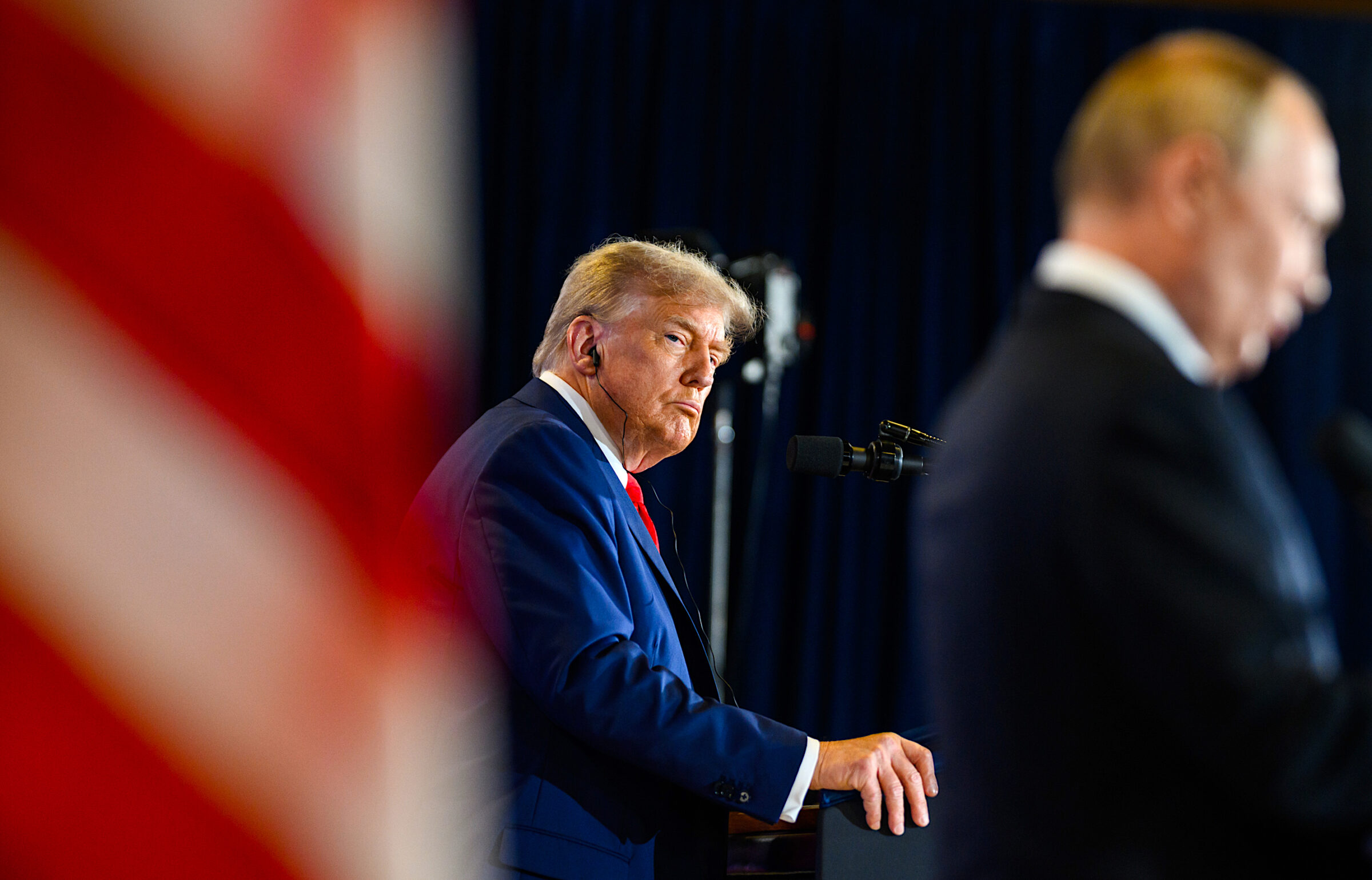 President Donald Trump and Russian president Vladimir Putin participate in a joint press conference after their meeting at the Arctic Warrior Event Center at Joint Base Elmendorf Richardson in Anchorage, Alaska, Friday, August 15, 2025. (Official White House Photo by Daniel Torok)